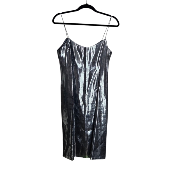 Rickie Freeman for Teri Jon Silver Metallic Slip Dress Silk Blend Size 8 - Picture 5 of 11
